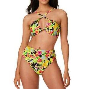 Bar III Womens Yellow Floral Chic Bikini Top & High-Leg High-Rise Bottoms SMALL